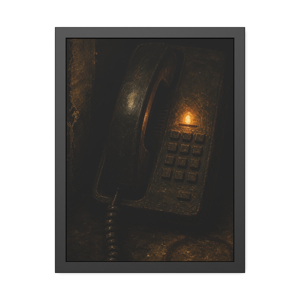 An old desk phone in the dark with one amber line light glowing. The First Ring by Garabaggio, framed fine art print, 18″ x 24″.