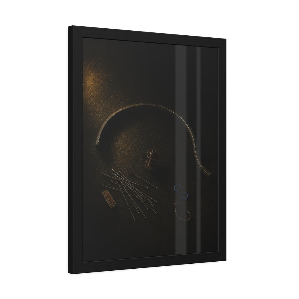 Bent bicycle rim, loose spokes and hub laid out on dark asphalt. Arc and Spokes by Garabaggio, framed fine art print hanging in a room.