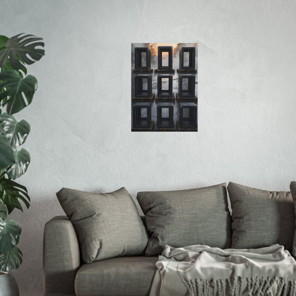 Nine empty black server racks on pallets in a wet lot at dawn. The Racks in the Morning Lot by Garabaggio, fine art print hanging in a room.