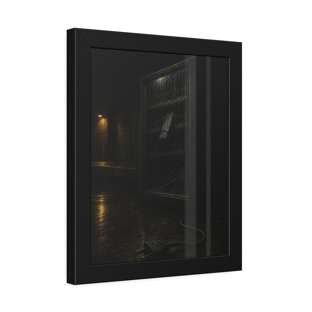 A vending machine in the rain, its cord and plug trailing across wet pavement. The Weathering Outside by Garabaggio, framed fine art print hanging in a room.