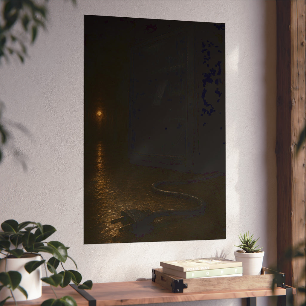 A dark vending machine with its unplugged cord lying on a wet corridor floor. The Unplugging by Garabaggio, fine art print hanging in a room.