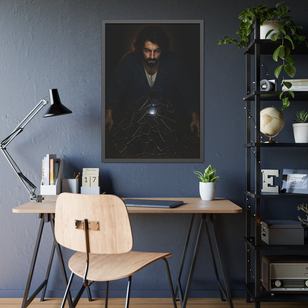 A bearded man leaning over a pile of dark phones, one screen lit. The Last Notification by Garabaggio, framed fine art print hanging in a room.