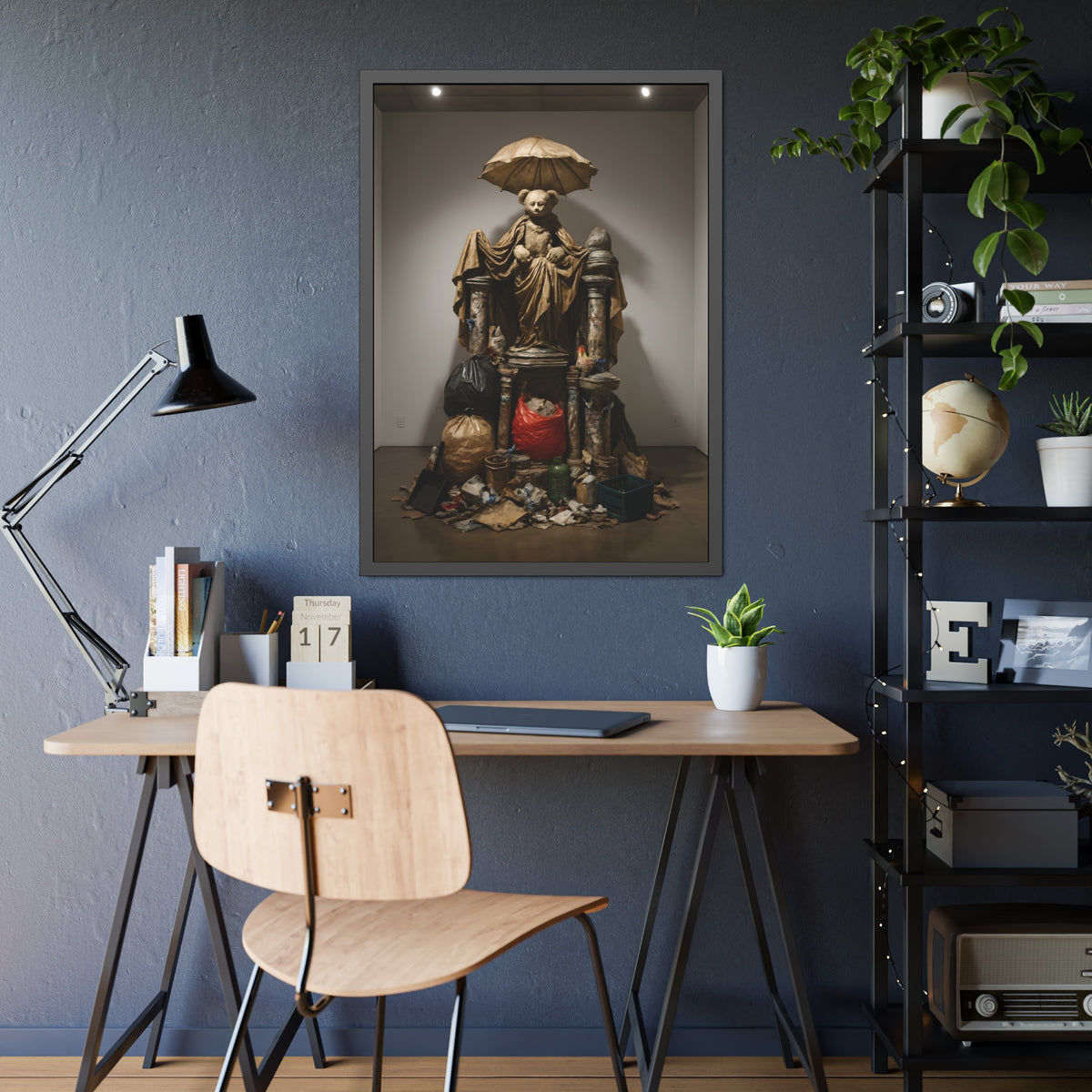 A teddy bear figure under an umbrella atop a pile of trash bags. Madonna of the Lost and Found by Garabaggio, framed fine art print hanging in a room.