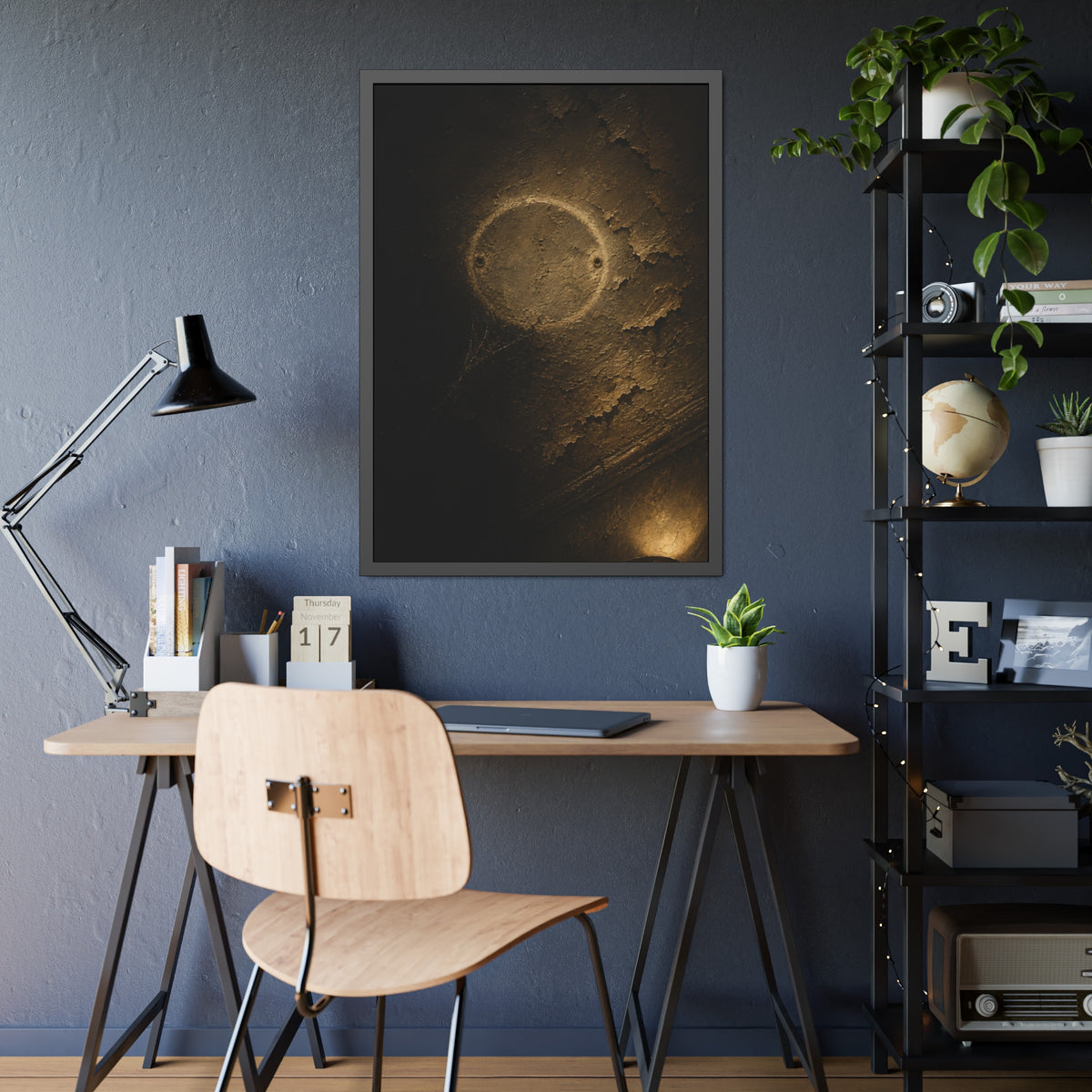 A pale ring and two screw holes on a peeling ceiling where a detector was. The Circle on the Ceiling by Garabaggio, framed fine art print hanging in a room.