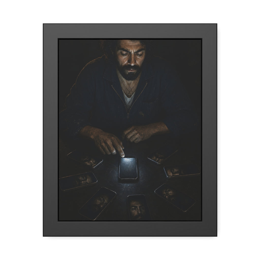A bearded man at a dark table ringed by phones, one lit screen under his hand. The Congregation of Faces by Garabaggio, framed fine art print, 11″ x 14″.