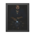 A bearded man at a dark table ringed by phones, one lit screen under his hand. The Congregation of Faces by Garabaggio, framed fine art print, 11″ x 14″.