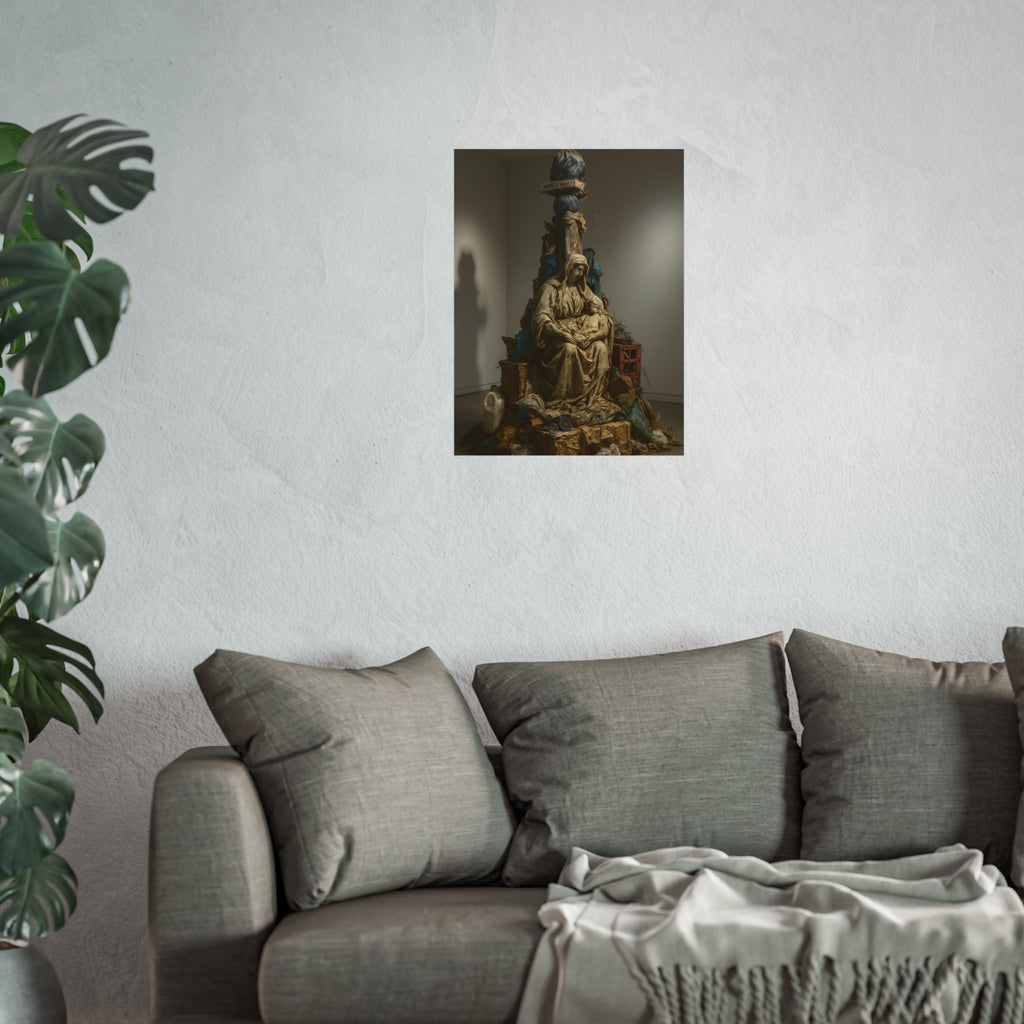 Seated hooded figure cradling a bundle on a mound of bagged refuse. Pietà of the Curbside by Garabaggio, fine art print hanging in a room.