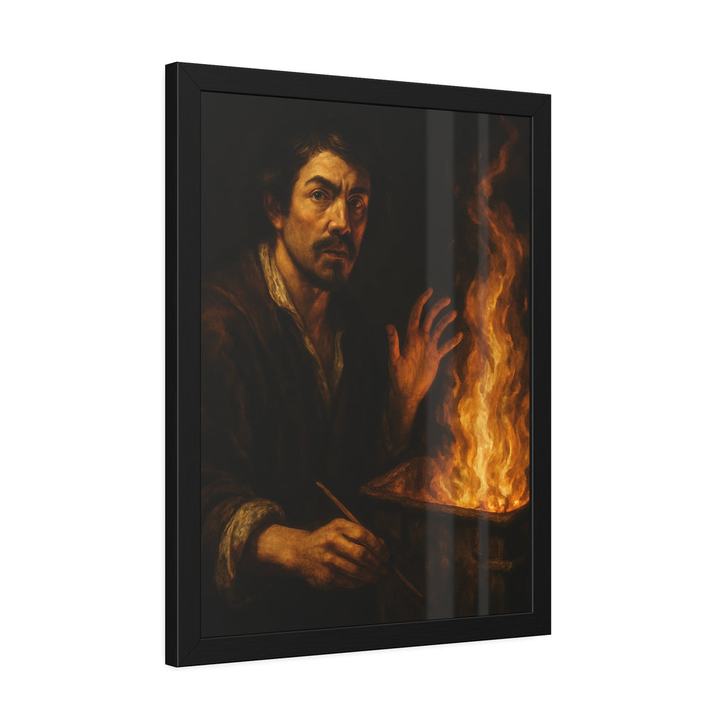 Man holding a paintbrush, his other hand raised beside tall flames. Self-Portrait with Brush and Flame by Garabaggio, framed fine art print hanging in a room.