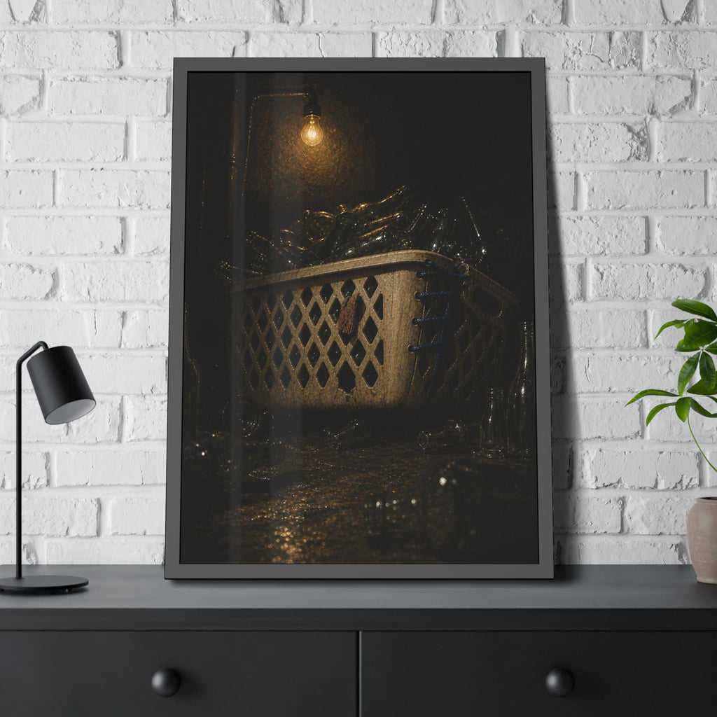 A laundry basket filled with glass bottles under a bare hanging bulb. The Second Life for Bottles by Garabaggio, framed fine art print hanging in a room.