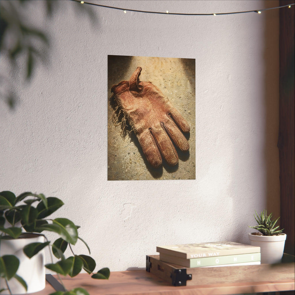 A cracked leather work glove lying on bright sunlit concrete. The Bleaching, Study of a Sun-Tired Glove by Garabaggio, fine art print hanging in a room.