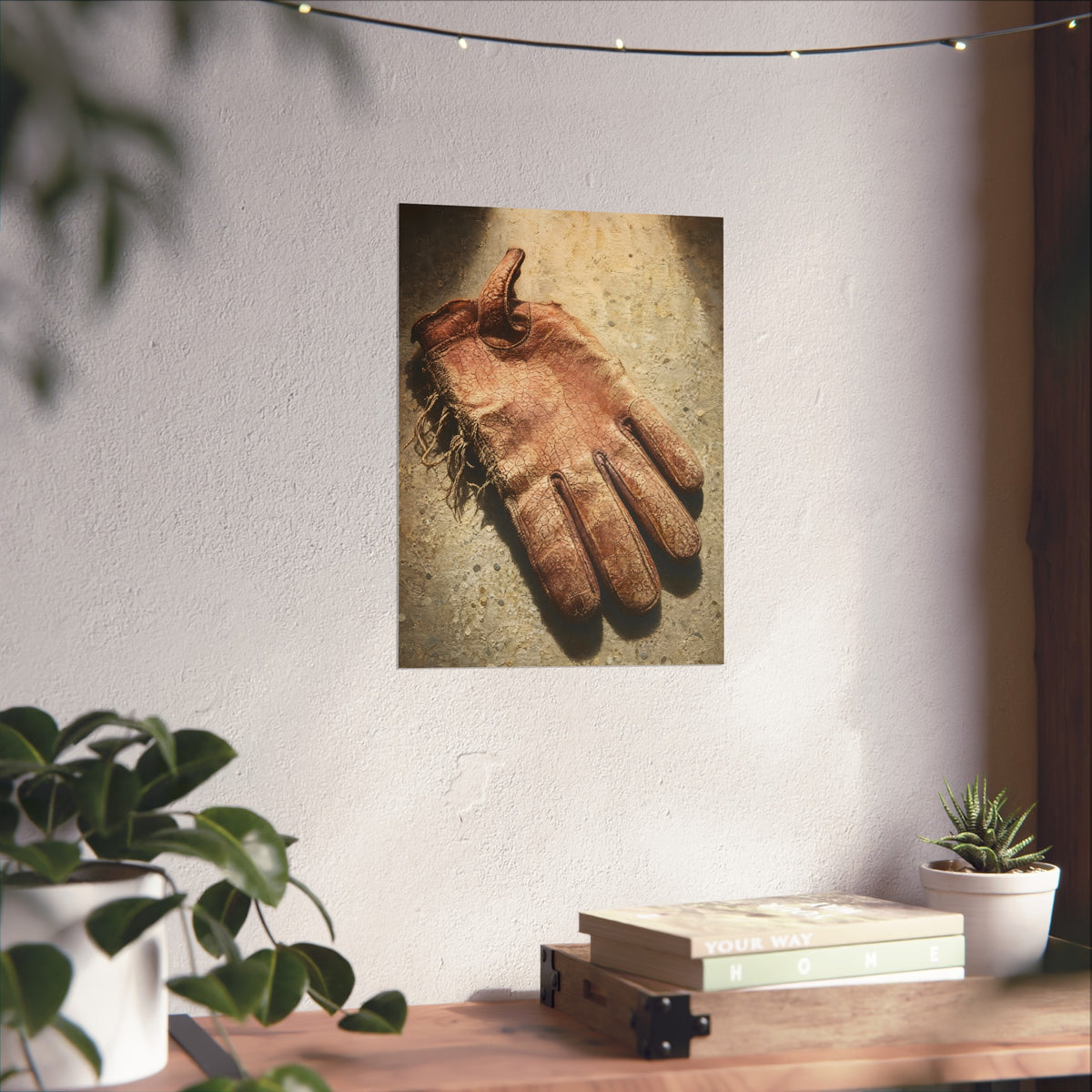 A cracked leather work glove lying on bright sunlit concrete. The Bleaching, Study of a Sun-Tired Glove by Garabaggio, fine art print hanging in a room.