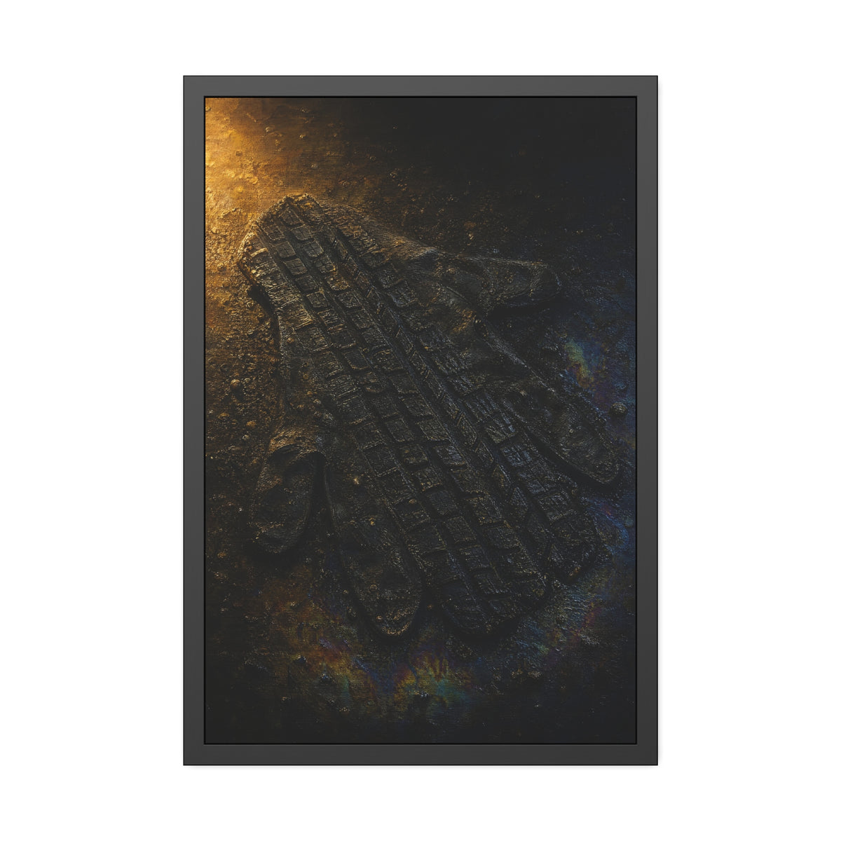 A flattened work glove on asphalt with a tire tread pressed across it. The Passage of the Wheel by Garabaggio, framed fine art print hanging in a room.