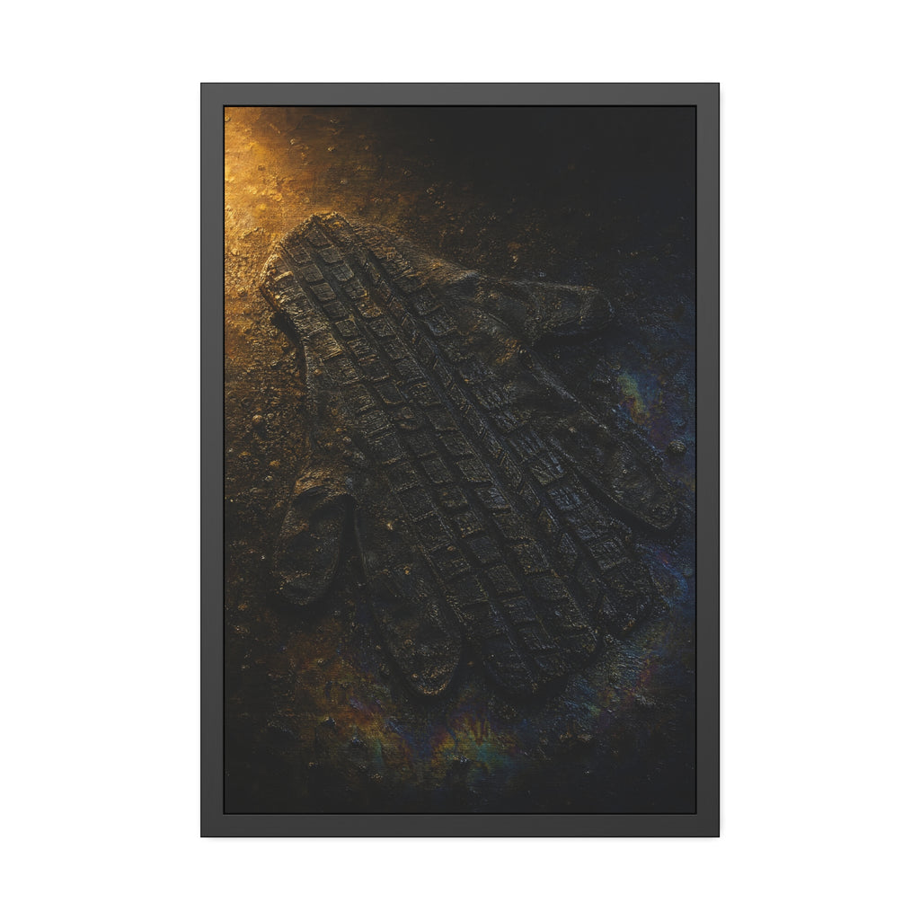A flattened work glove on asphalt with a tire tread pressed across it. The Passage of the Wheel by Garabaggio, framed fine art print hanging in a room.
