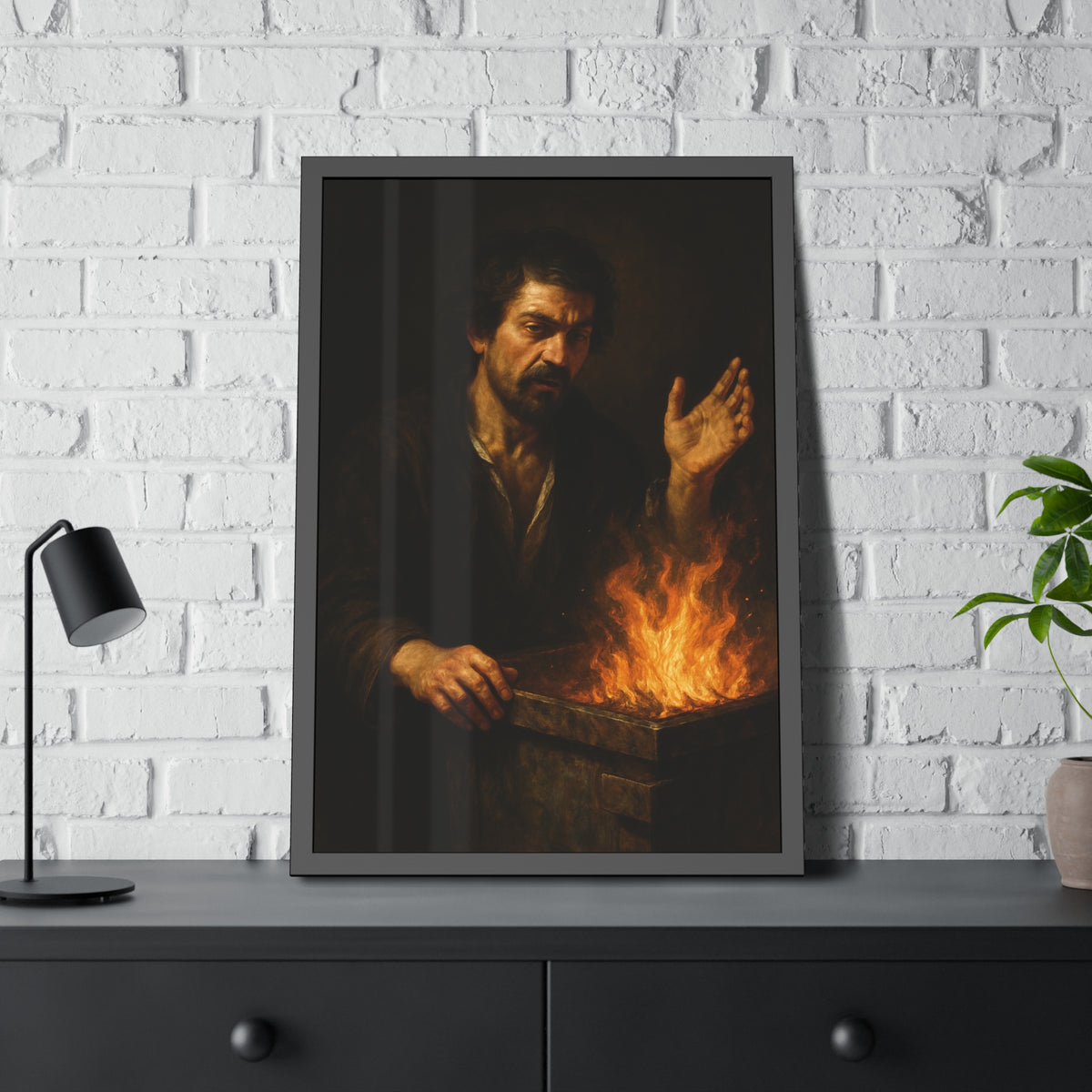 Man holding one hand high over the flames of an open burning bin. Self-Portrait Commanding the Light by Garabaggio, framed fine art print hanging in a room.