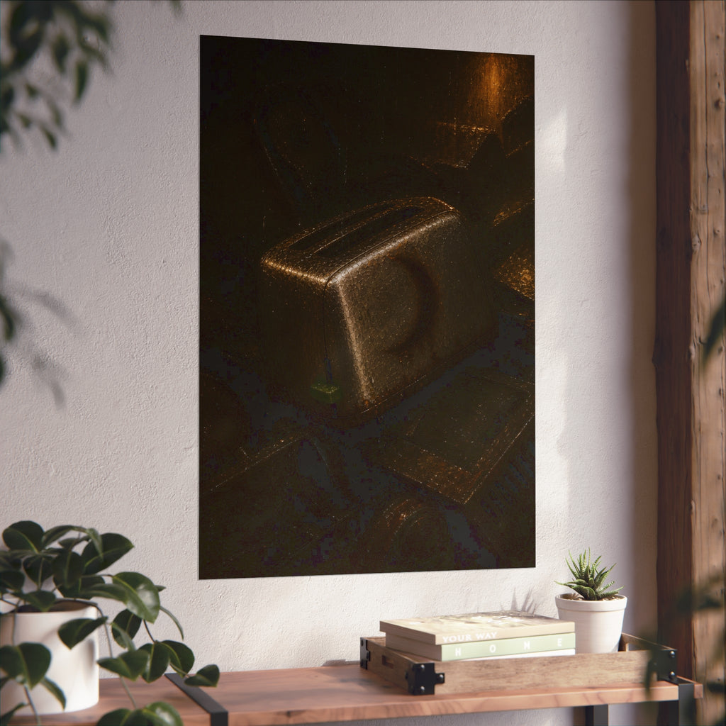 A scorched toaster resting on a heap of scrap appliances in dim light. The Arrival at Scrap by Garabaggio, fine art print hanging in a room.