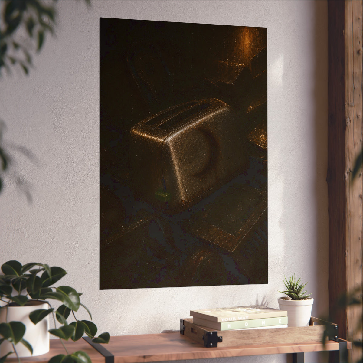 A scorched toaster resting on a heap of scrap appliances in dim light. The Arrival at Scrap by Garabaggio, fine art print hanging in a room.