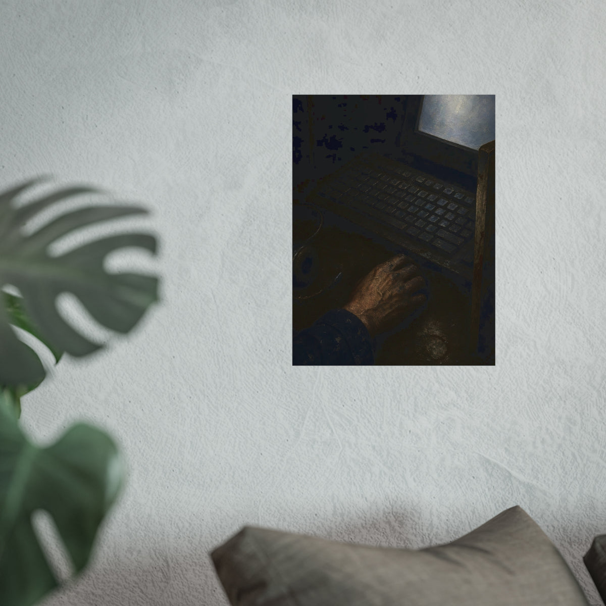 A hand on a mouse beside a grimy keyboard and a pale glowing screen. Login Before Dawn by Garabaggio, fine art print hanging in a room.