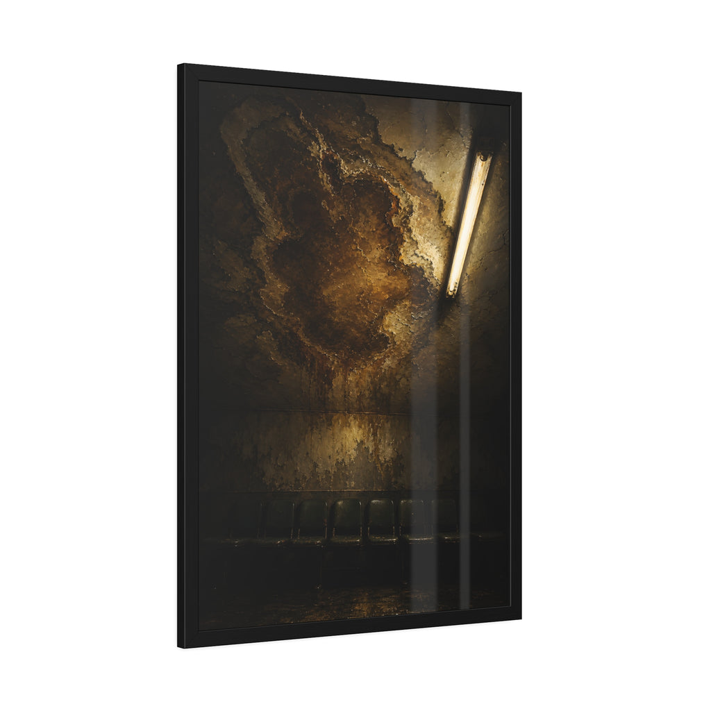A brown water stain spreading across a ceiling above a row of chairs. The Stain Above the Row by Garabaggio, framed fine art print hanging in a room.