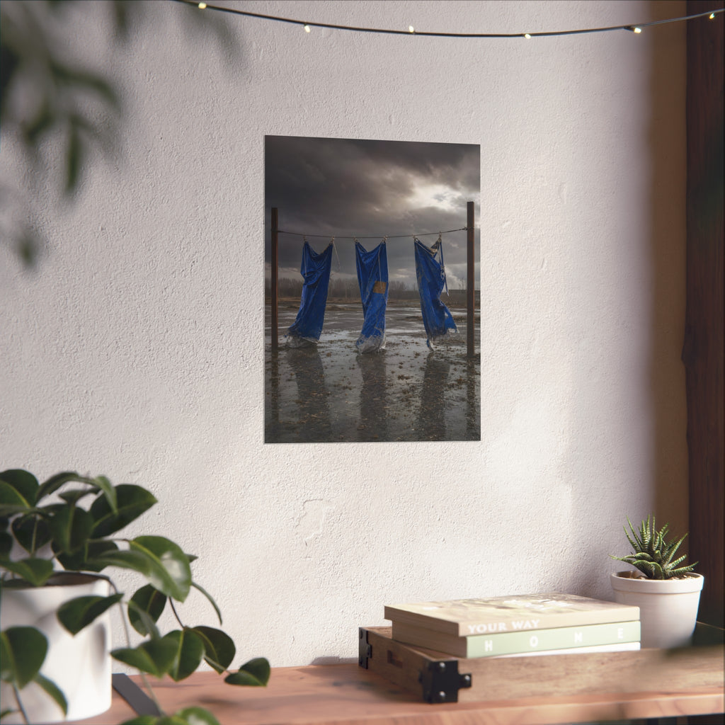 Three blue tarps hung from a wire over a wet lot under storm clouds. Banners After the Gale by Garabaggio, fine art print hanging in a room.