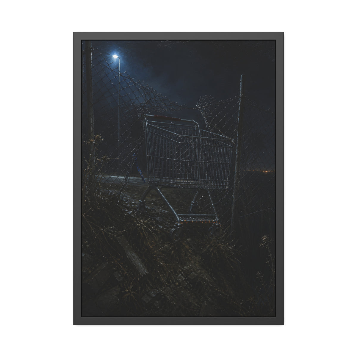 A shopping cart wedged in a chain link fence under a streetlamp. The Abandonment at the Ravine Fence by Garabaggio, framed fine art print, 28″ x 40″.
