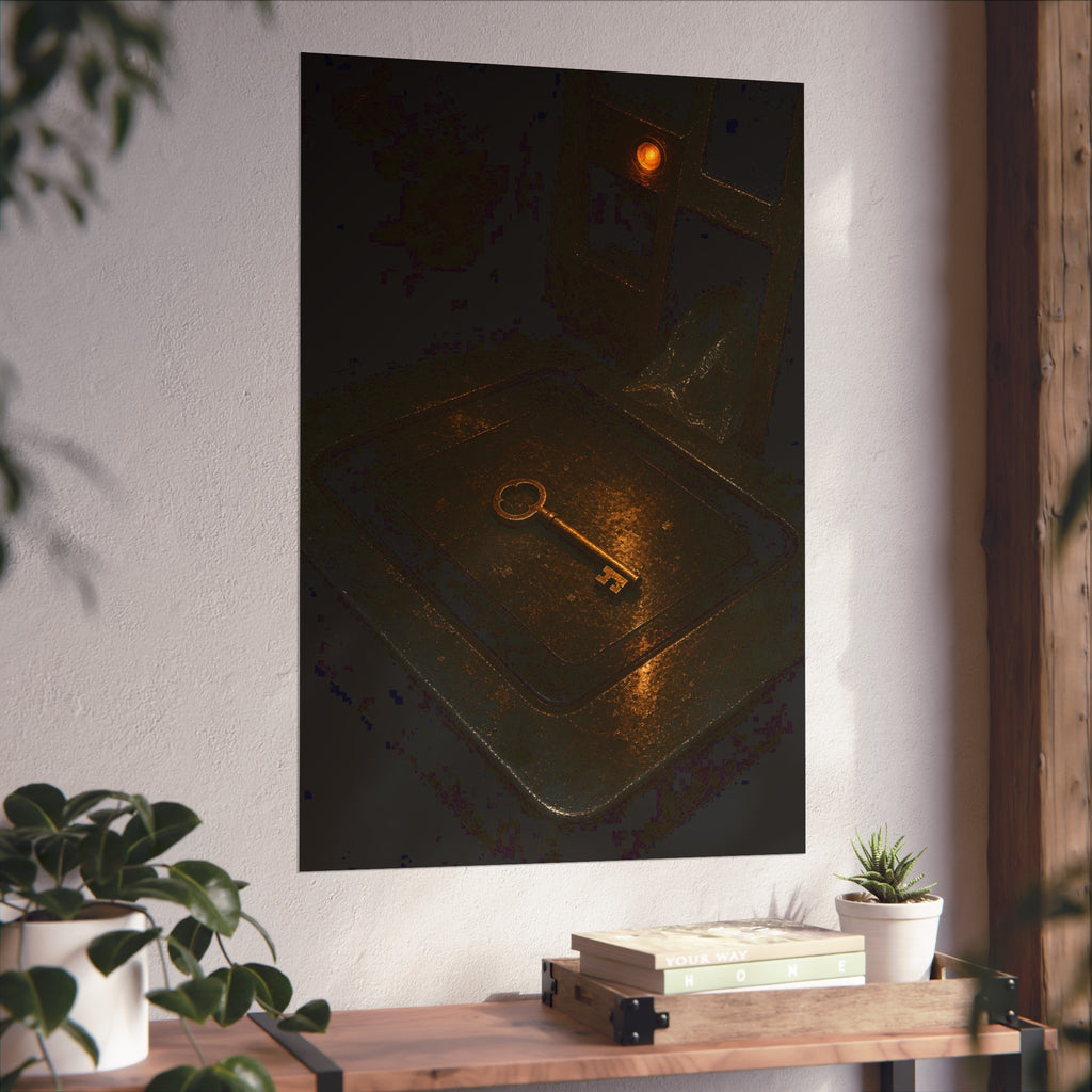 A brass key on the metal bagging shelf of a checkout. The Unexpected Item in the Bagging Area by Garabaggio, fine art print hanging in a room.