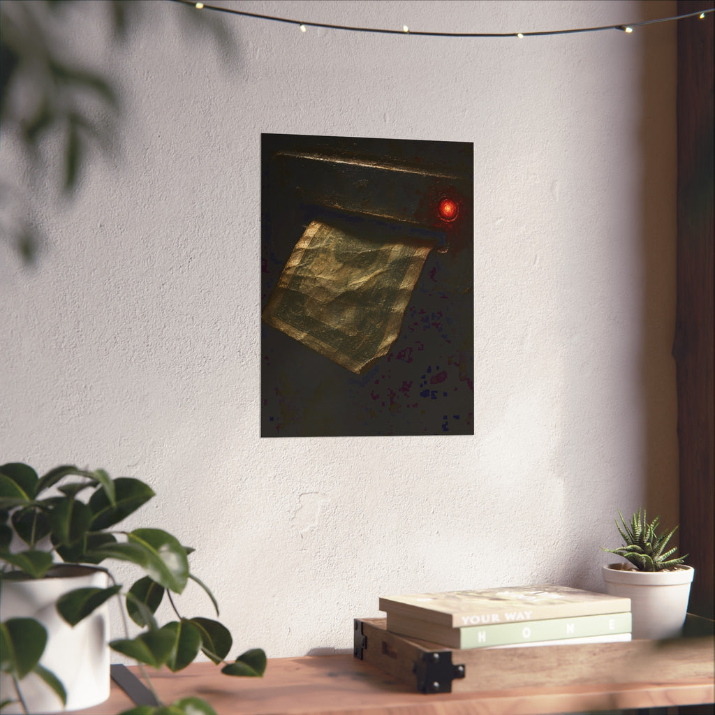 A worn bill pushed back out of a machine slot beside a red light. The Change Machine's Refusal by Garabaggio, fine art print hanging in a room.