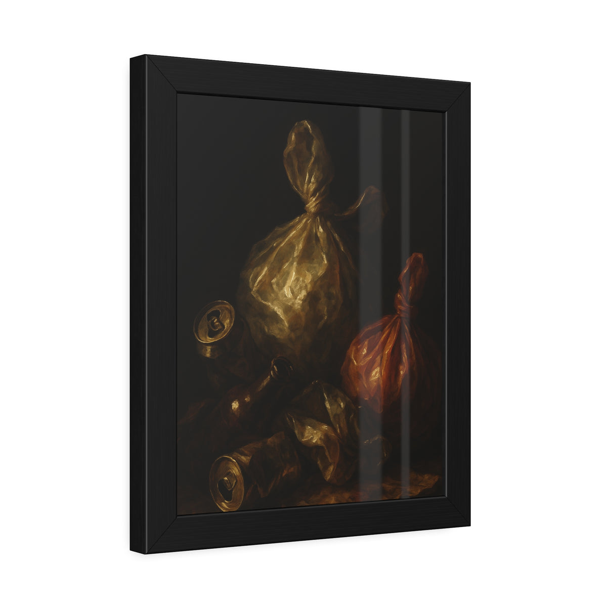 Two knotted plastic bags and crushed cans on a dark table. The Knotted Offering by Garabaggio, framed fine art print hanging in a room.