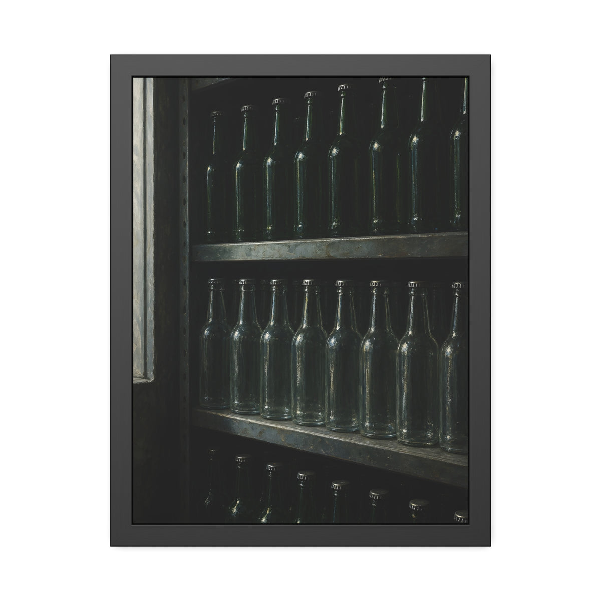 Rows of empty bottles on dim metal shelves, green above and clear below. The Shelf of New Bottles by Garabaggio, framed fine art print, 18″ x 24″.
