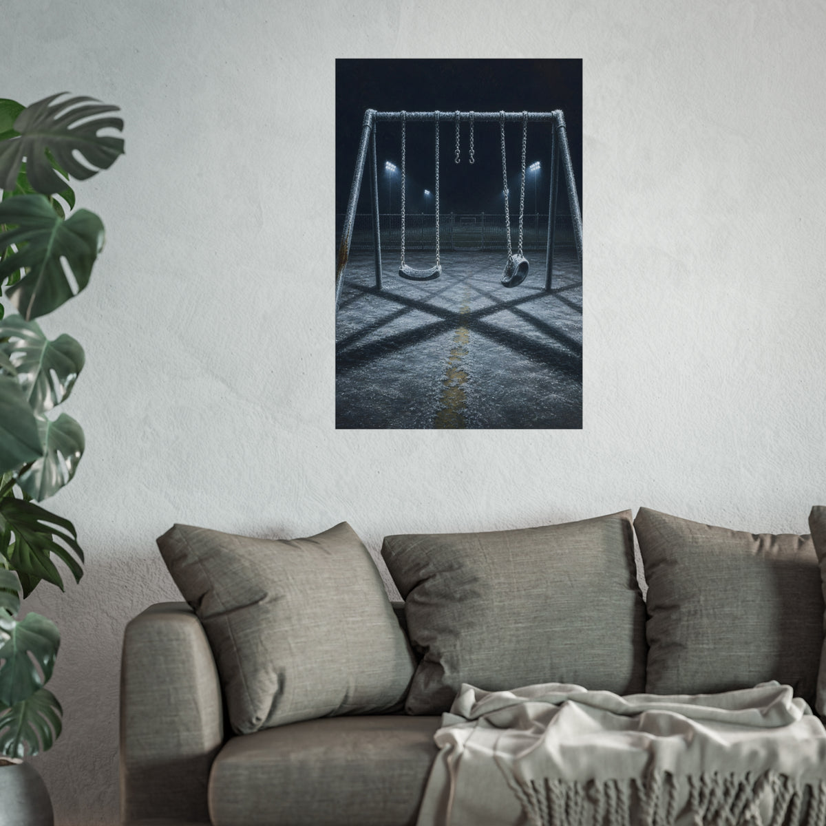 A frost covered swing set on empty asphalt under distant floodlights. The Third Hour: The Coldest Part by Garabaggio, fine art print hanging in a room.