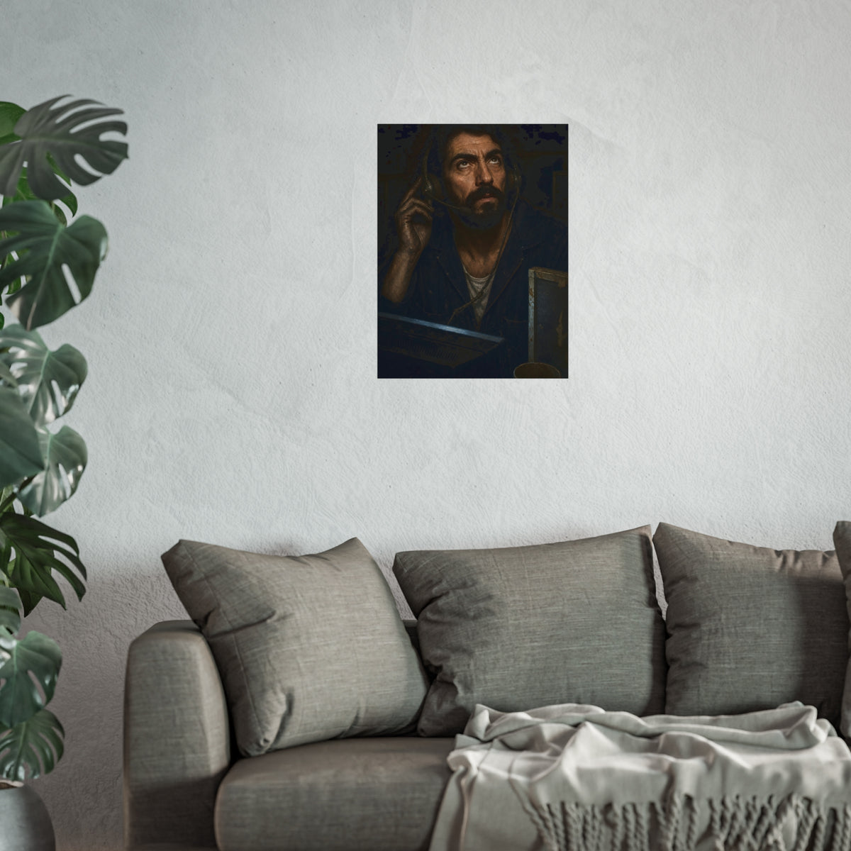 A man in a phone headset looks upward over the glow of a monitor. Garabaggio on Hold by Garabaggio, fine art print hanging in a room.