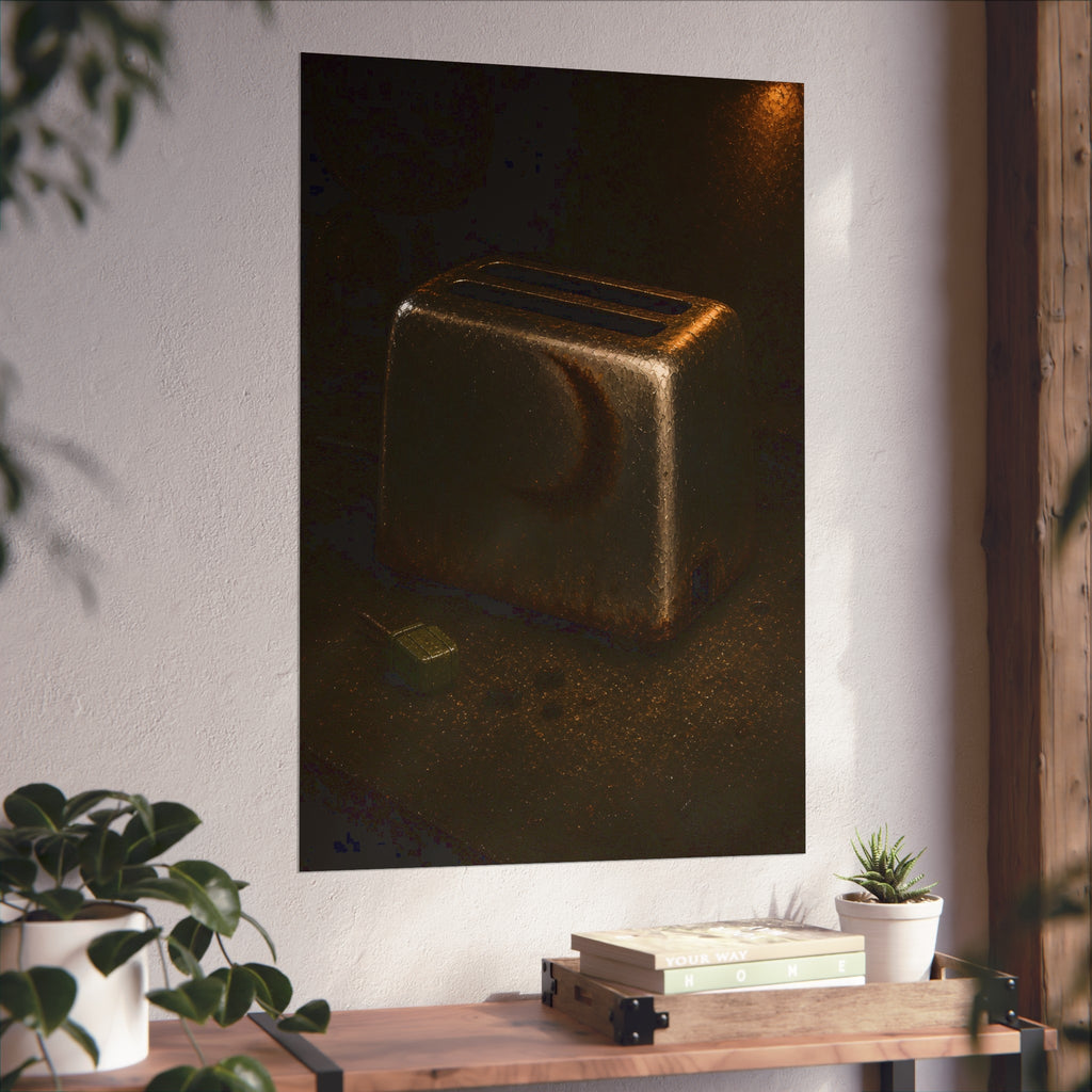 A scorched toaster on a dark counter with crumbs and its plug beside it. Shell Without Heat by Garabaggio, fine art print hanging in a room.