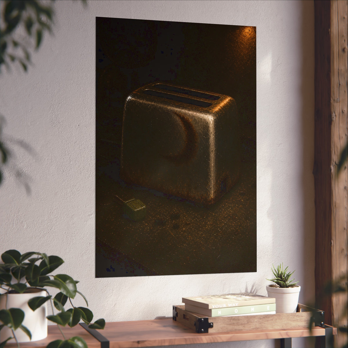 A scorched toaster on a dark counter with crumbs and its plug beside it. Shell Without Heat by Garabaggio, fine art print hanging in a room.