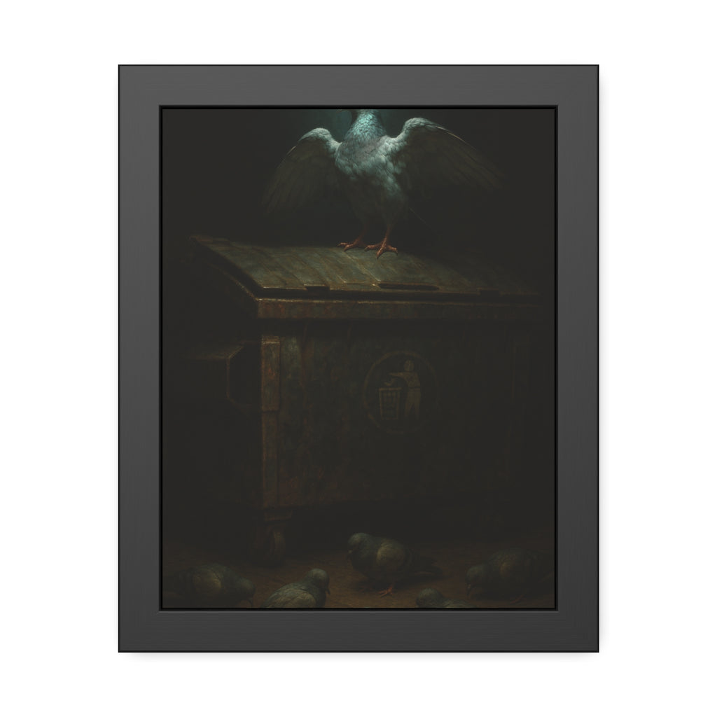 A pigeon with wings spread on a rusted dumpster lid. The Beatification of the Common Pigeon by Garabaggio, framed fine art print, 11″ x 14″.