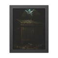 A pigeon with wings spread on a rusted dumpster lid. The Beatification of the Common Pigeon by Garabaggio, framed fine art print, 11″ x 14″.