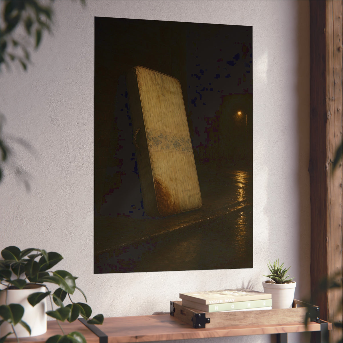 A stained mattress propped on a brick wall along a wet night street. The Presentation Against the Brick by Garabaggio, fine art print hanging in a room.