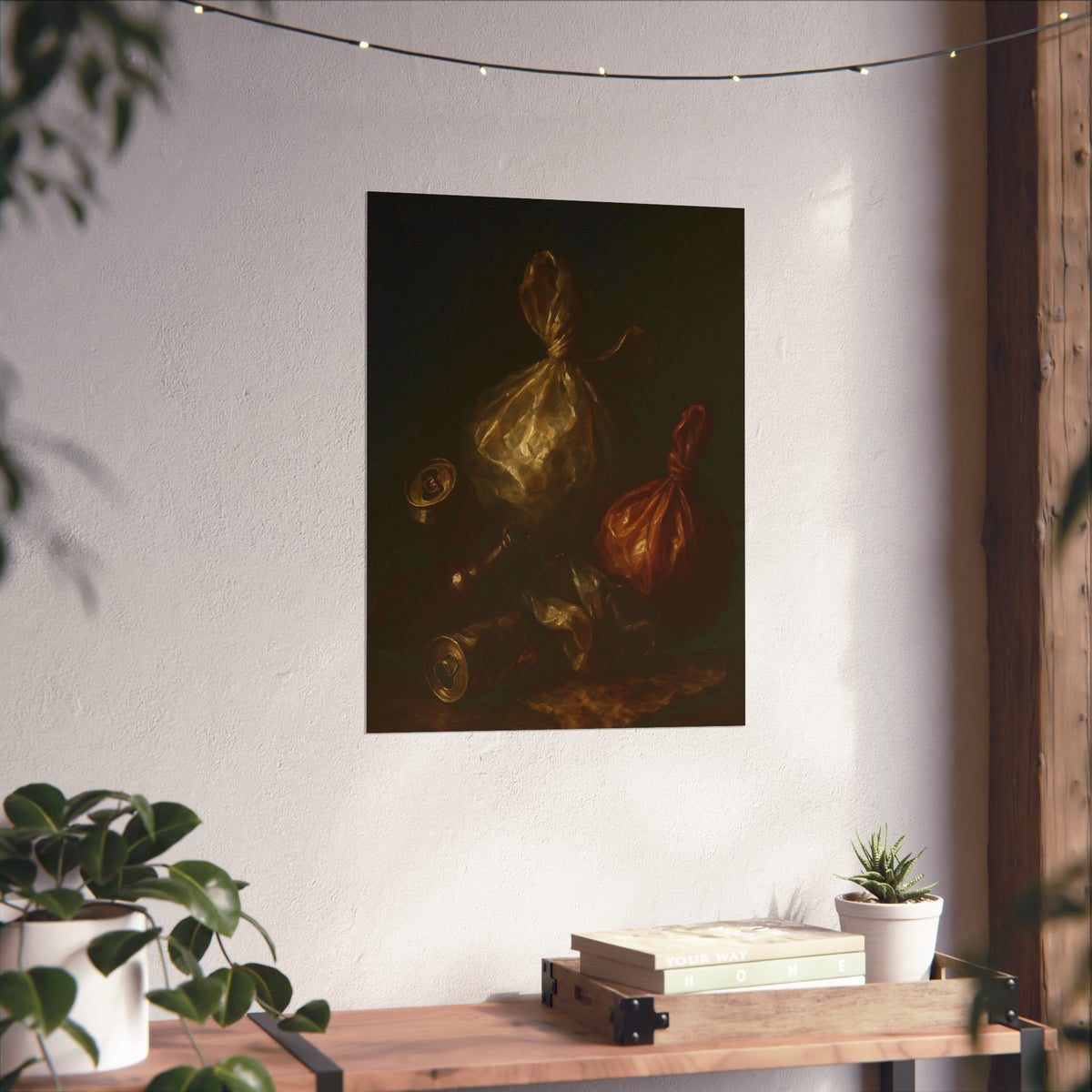 Two knotted plastic bags and crushed cans on a dark table. The Knotted Offering by Garabaggio, fine art print hanging in a room.