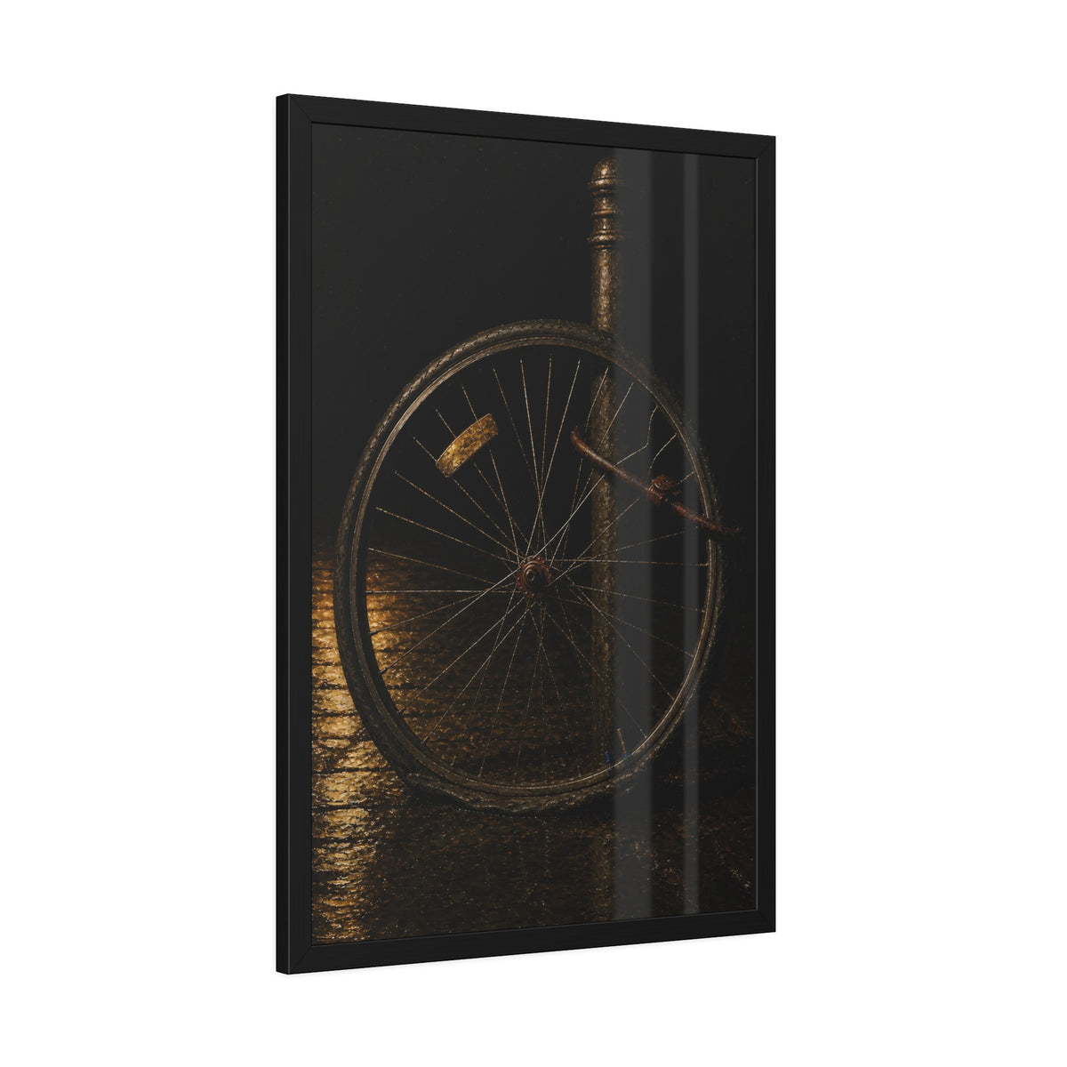 A bent bicycle wheel locked to a post on wet pavement. The Last Lock by Garabaggio, framed fine art print hanging in a room.