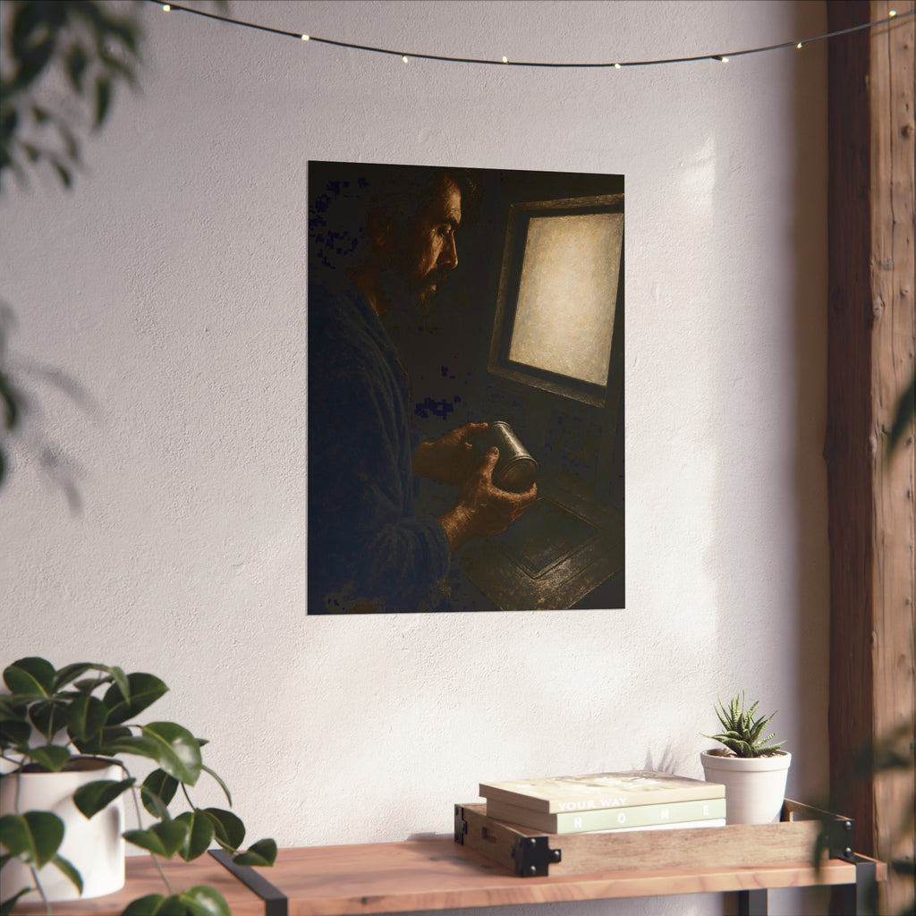 A bearded man holding a dented can before a lit checkout screen. The Item Without Recognition by Garabaggio, fine art print hanging in a room.