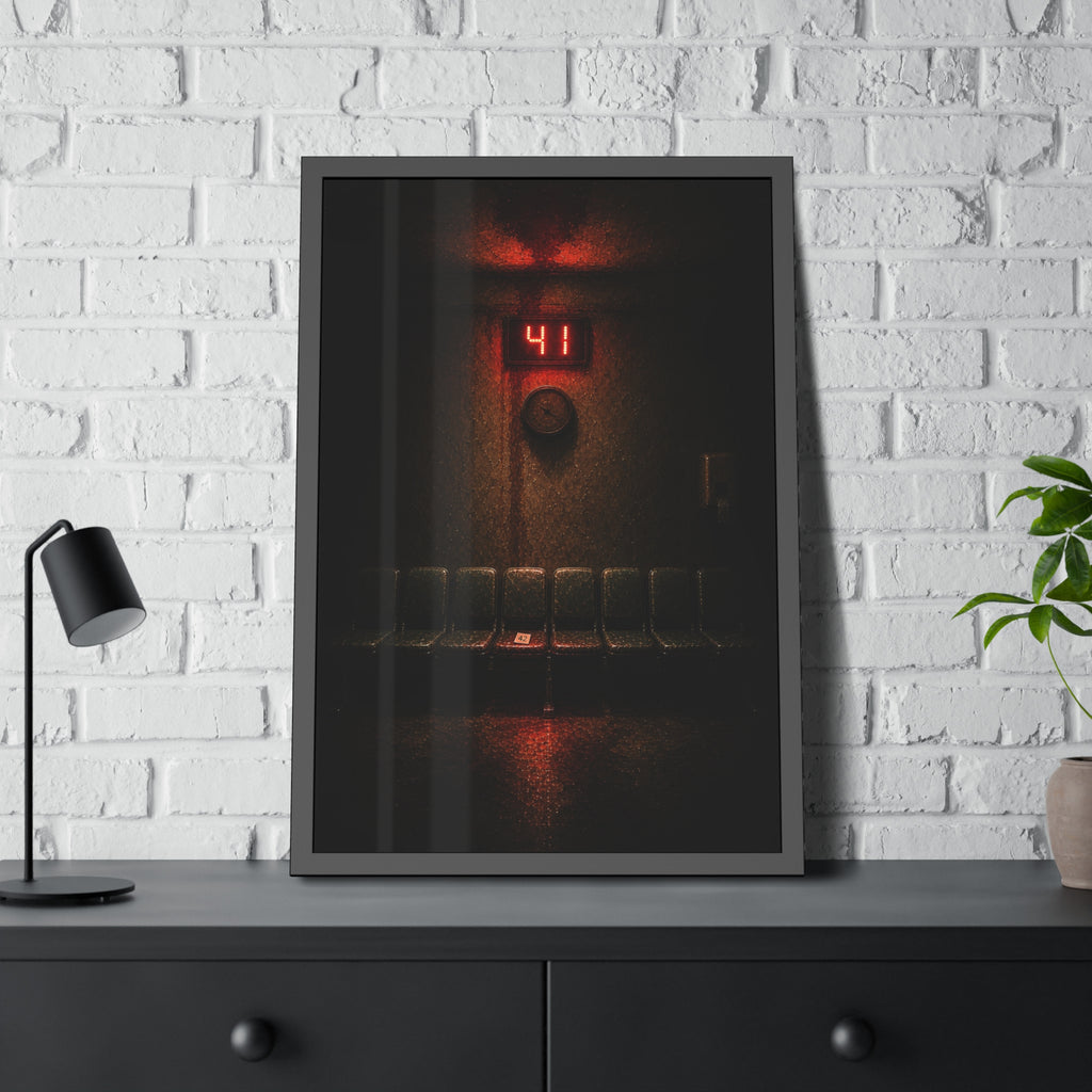 An empty row of waiting room seats beneath a red display reading 41. The Call That Does Not Come by Garabaggio, framed fine art print hanging in a room.