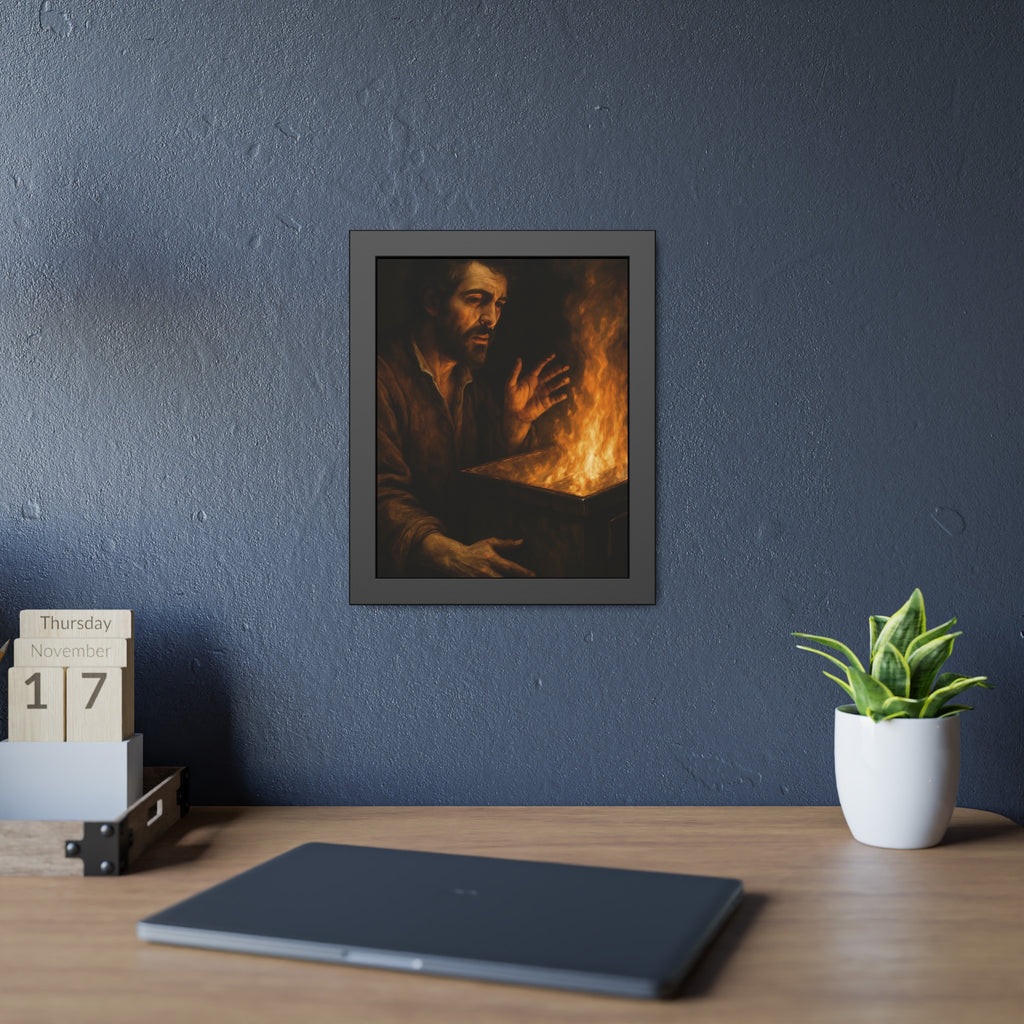 Man holding both hands toward the flames of a burning dumpster. Self-Portrait Warming the Hands by Garabaggio, framed fine art print hanging in a room.
