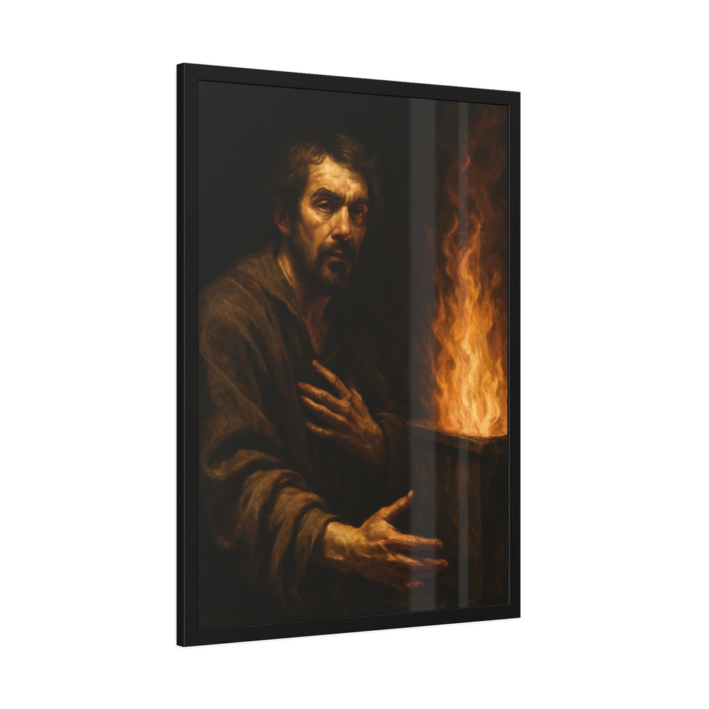 Bearded man with a hand on his chest beside flames rising from a bin. Self-Portrait as a Penitent by Garabaggio, framed fine art print hanging in a room.