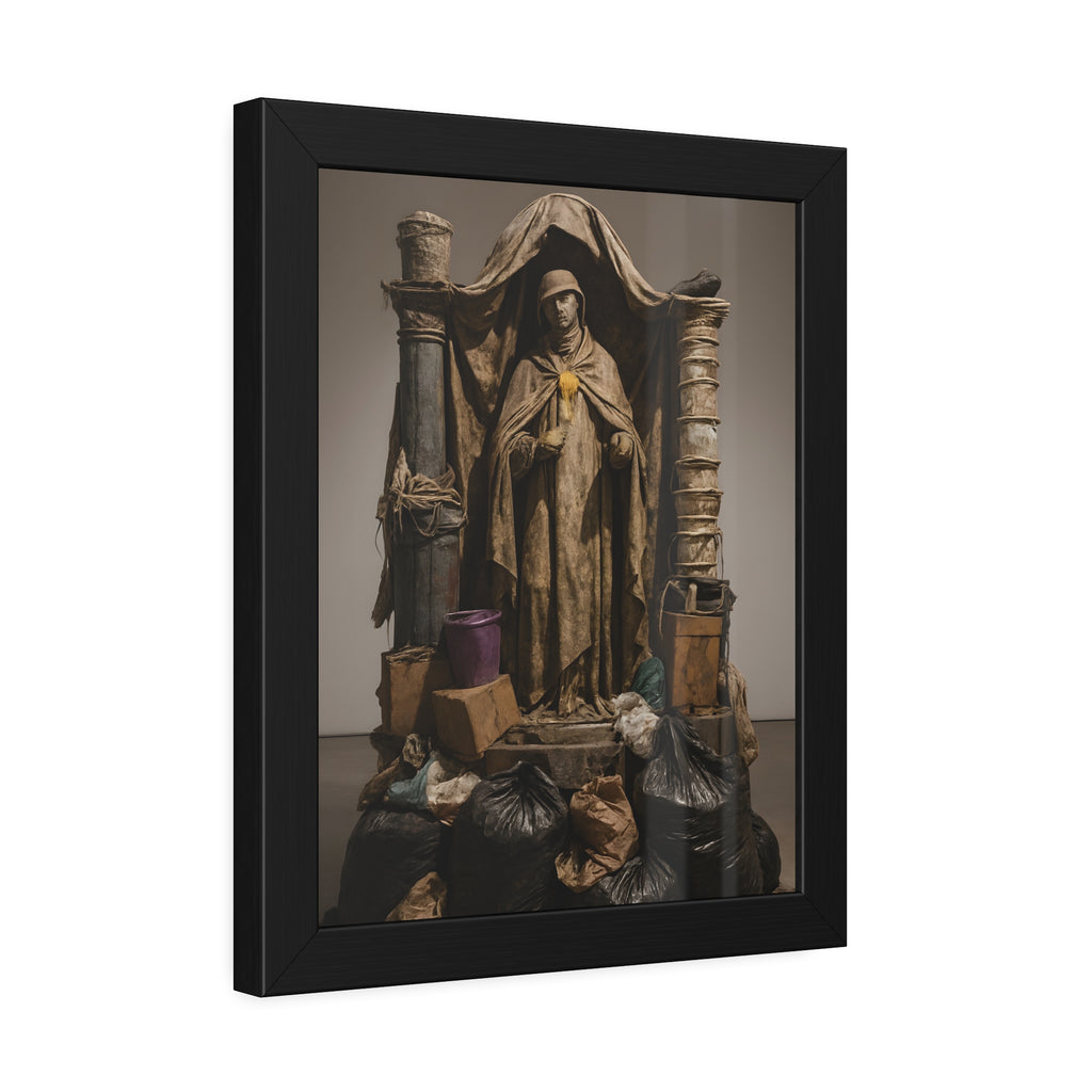 Draped standing figure under a canopy above a heap of black garbage bags. Saint Francis of the Black Bag by Garabaggio, framed fine art print hanging in a room.