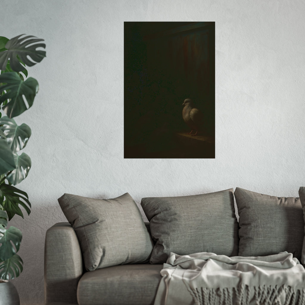 A pale pigeon on a ledge, a dark flock watching from the shadows behind. The Vigil Before the Ascension by Garabaggio, fine art print hanging in a room.