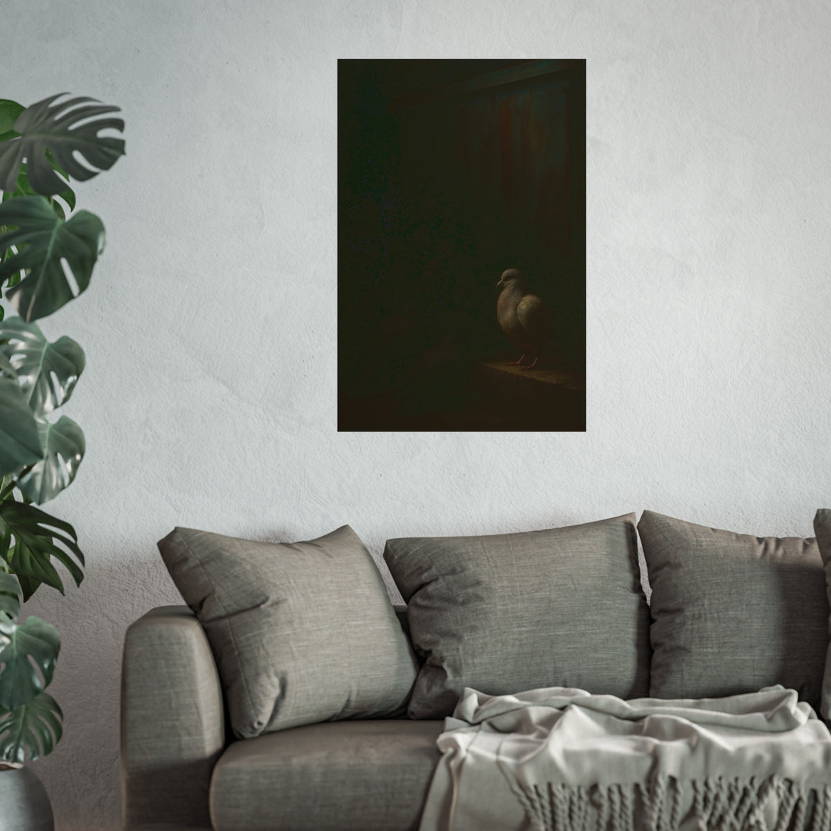 A pale pigeon on a ledge, a dark flock watching from the shadows behind. The Vigil Before the Ascension by Garabaggio, fine art print hanging in a room.