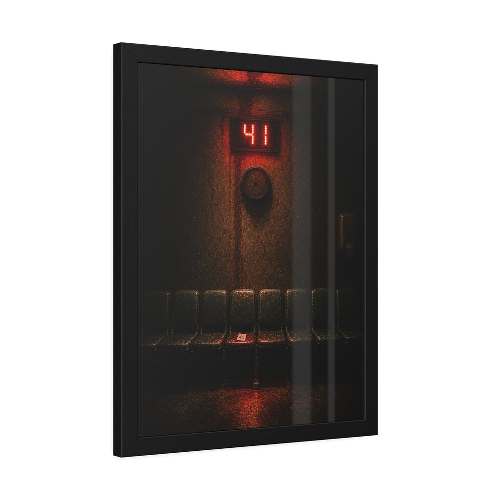An empty row of waiting room seats beneath a red display reading 41. The Call That Does Not Come by Garabaggio, framed fine art print hanging in a room.