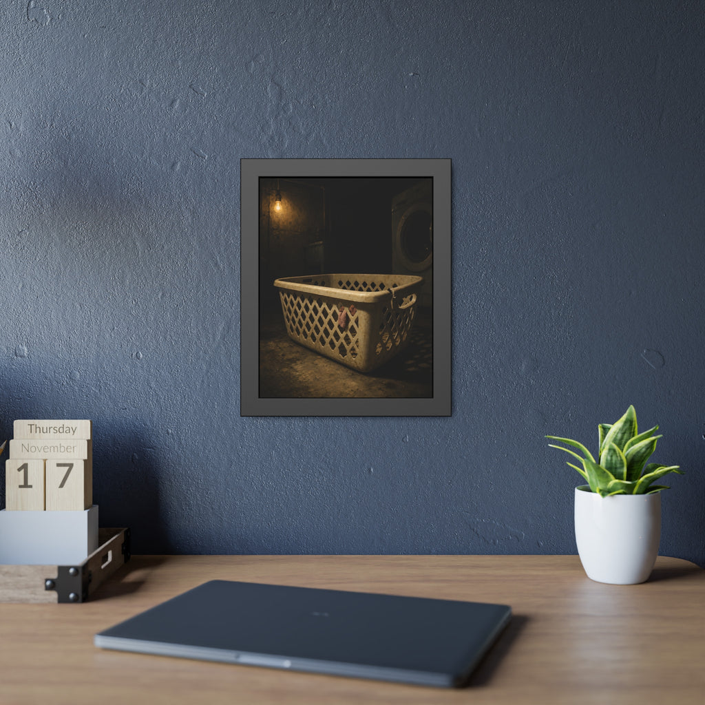A plastic laundry basket on a basement floor under a bare hanging bulb. The First Split by Garabaggio, framed fine art print hanging in a room.