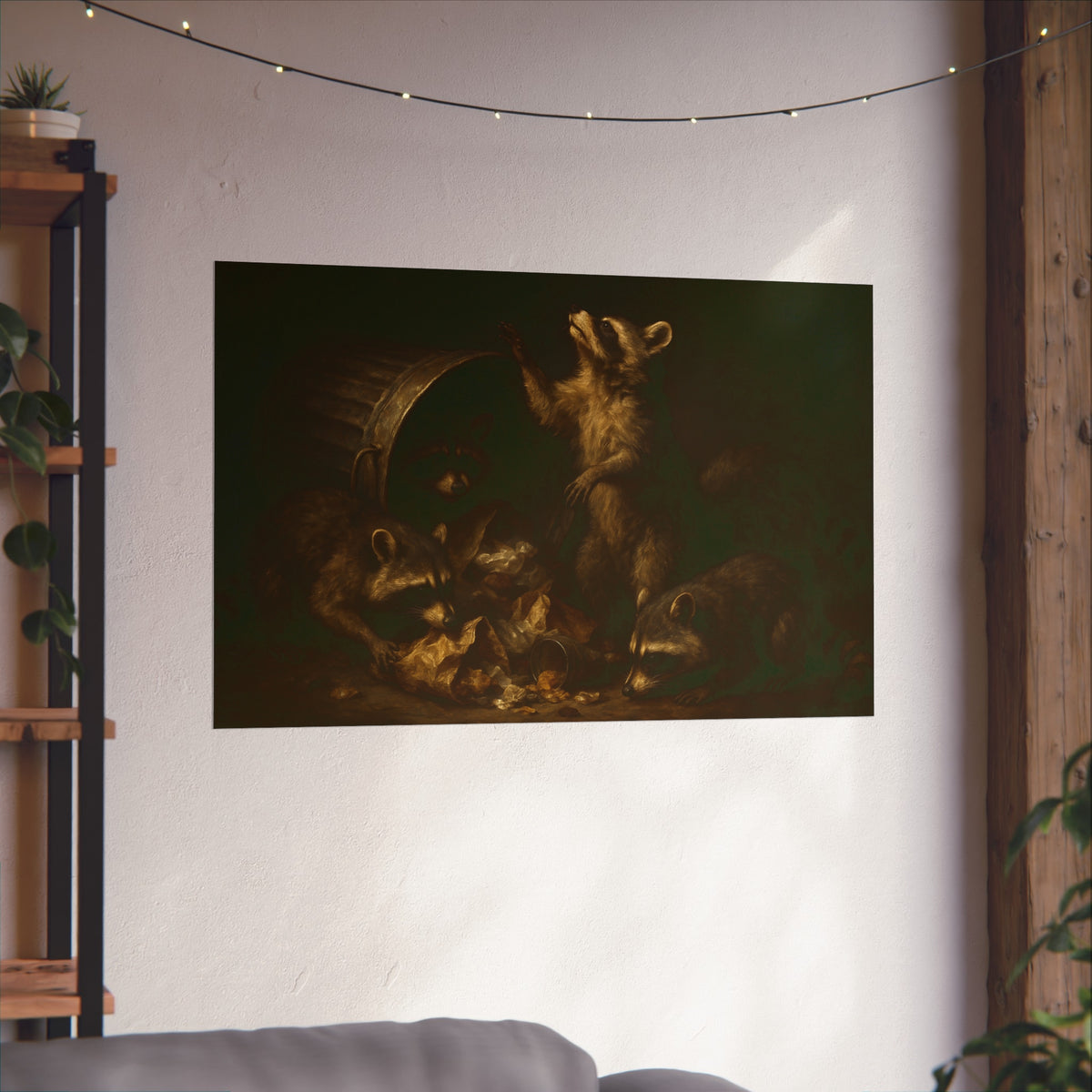 Raccoons around a fallen trash can, one rearing up with a raised paw. The Supper of Shadows by Garabaggio, fine art print hanging in a room.