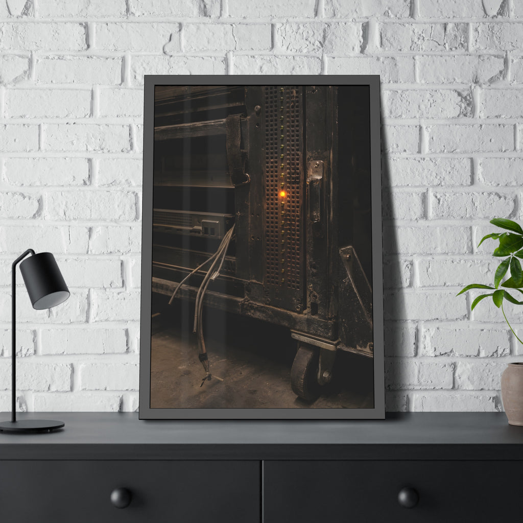 A single amber light among green LEDs on a grimy server rack. The Amber Fault by Garabaggio, framed fine art print hanging in a room.