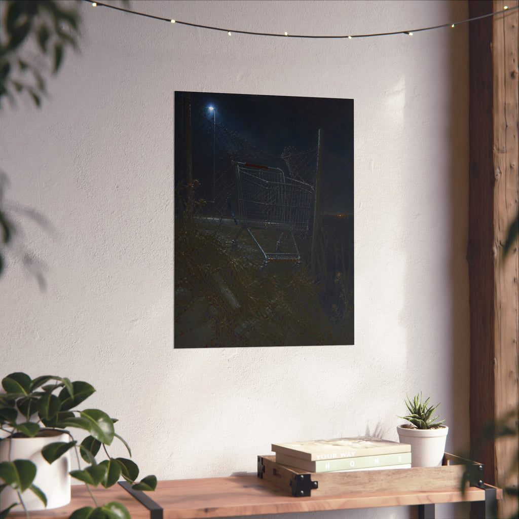 A shopping cart wedged in a chain link fence under a streetlamp. The Abandonment at the Ravine Fence by Garabaggio, fine art print hanging in a room.