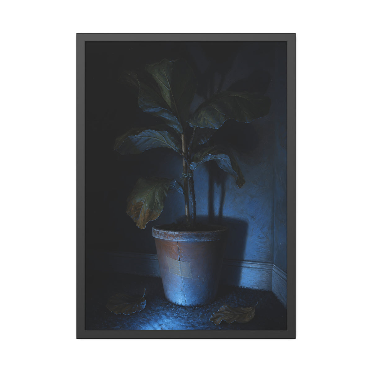 A dying potted plant in a corner washed in blue television light. The Television Hours by Garabaggio, framed fine art print, 28″ x 40″.